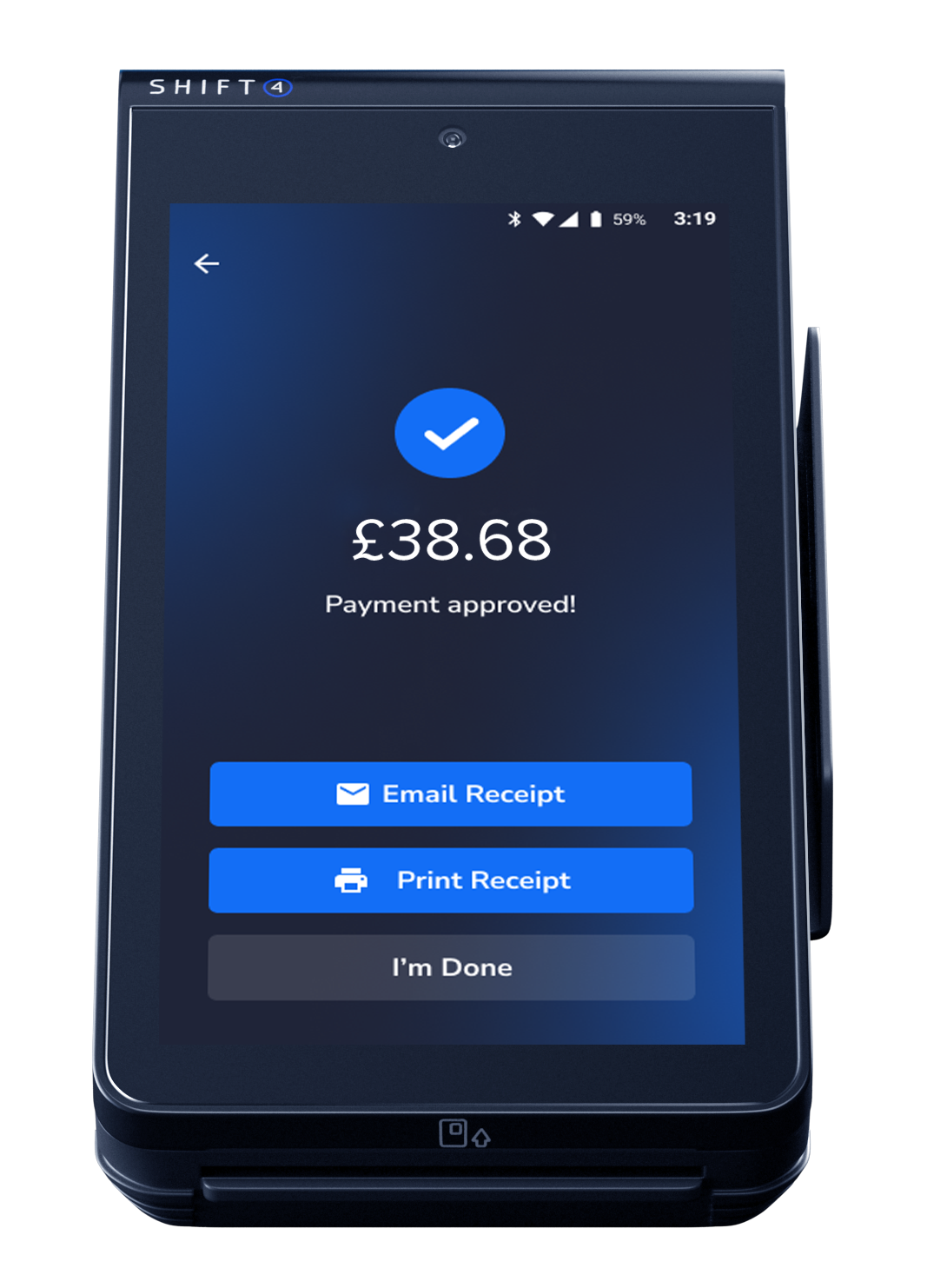 Shift4 portable card terminal showing payment approved