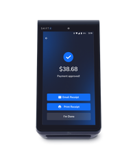 Shift4 SkyTab portable card terminal showing an approved £38.68 payment